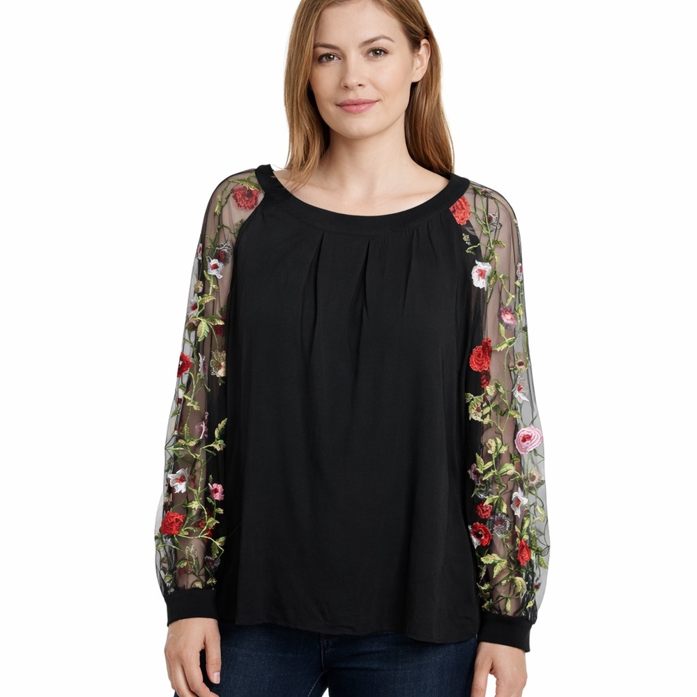 Floral Embroidered Sheer Sleeved Top